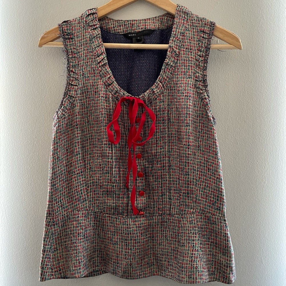 EUC Marc Jacobs Check Print Multicolor Button Detail Silk Sleeveless Blouse Sz 2